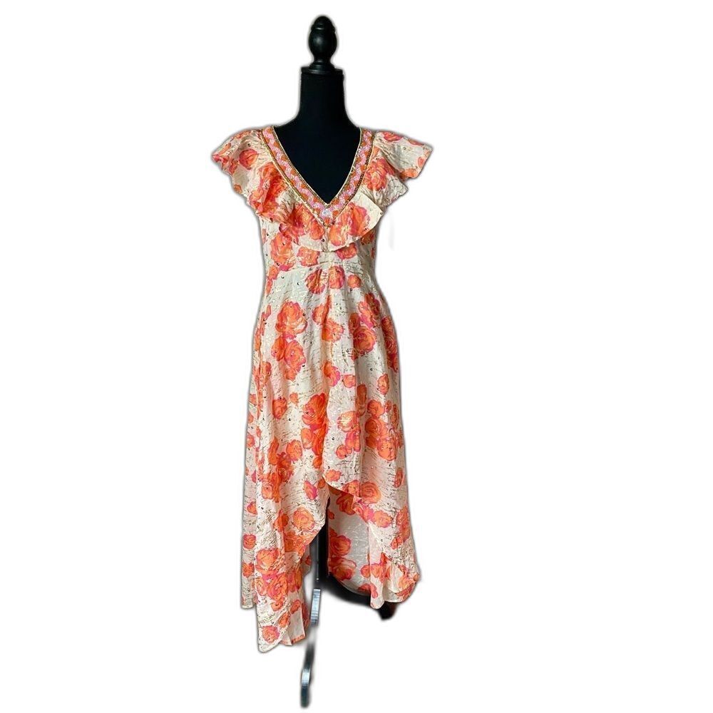 BOSTON PROPER orange floral ruffle hi-low dress summer sparkle wedding NWOT sz 4